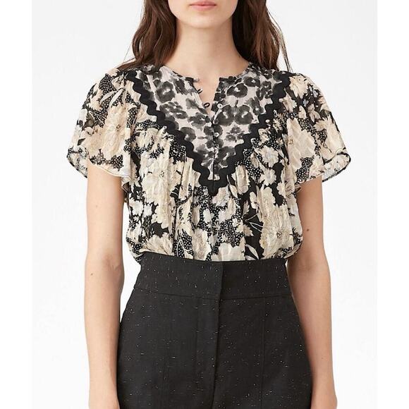 Rebecca Taylor Gold Leaf Top Black Combination Floral Size 0 Feminine Romantic - Picture 13 of 14